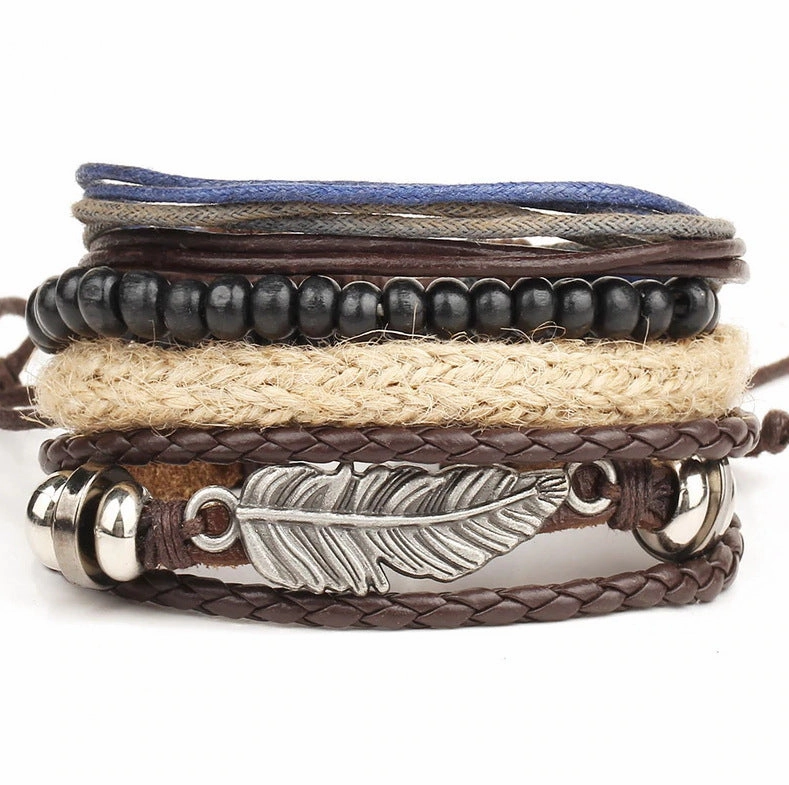 Wholesale Vintage Alloy Leaf Beaded Leather Bracelet