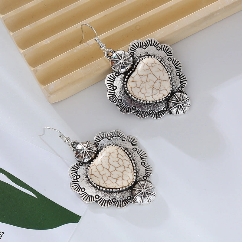 Wholesale Vintage alloy plated antique silver inlaid turquoise heart earrings