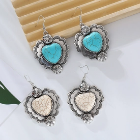 Wholesale Vintage alloy plated antique silver inlaid turquoise heart earrings