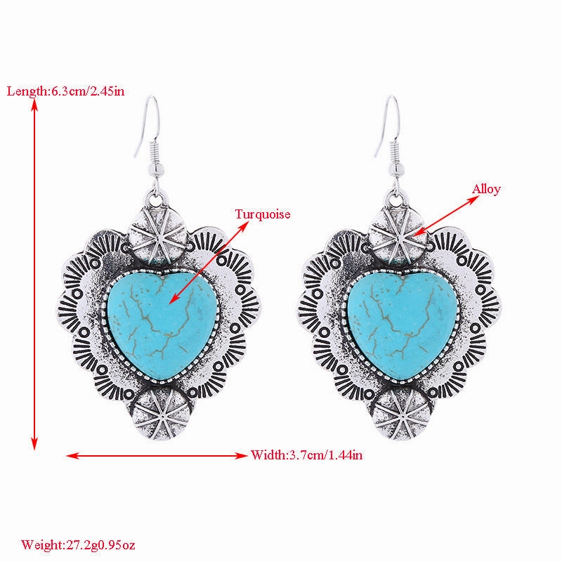 Wholesale Vintage alloy plated antique silver inlaid turquoise heart earrings