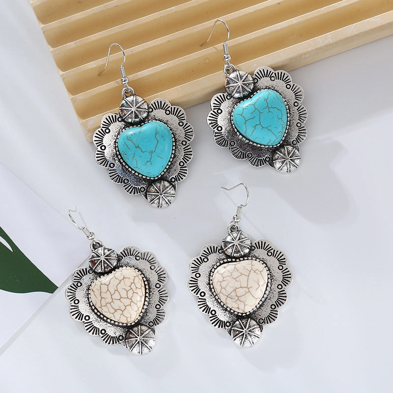Wholesale Vintage alloy plated antique silver inlaid turquoise heart earrings
