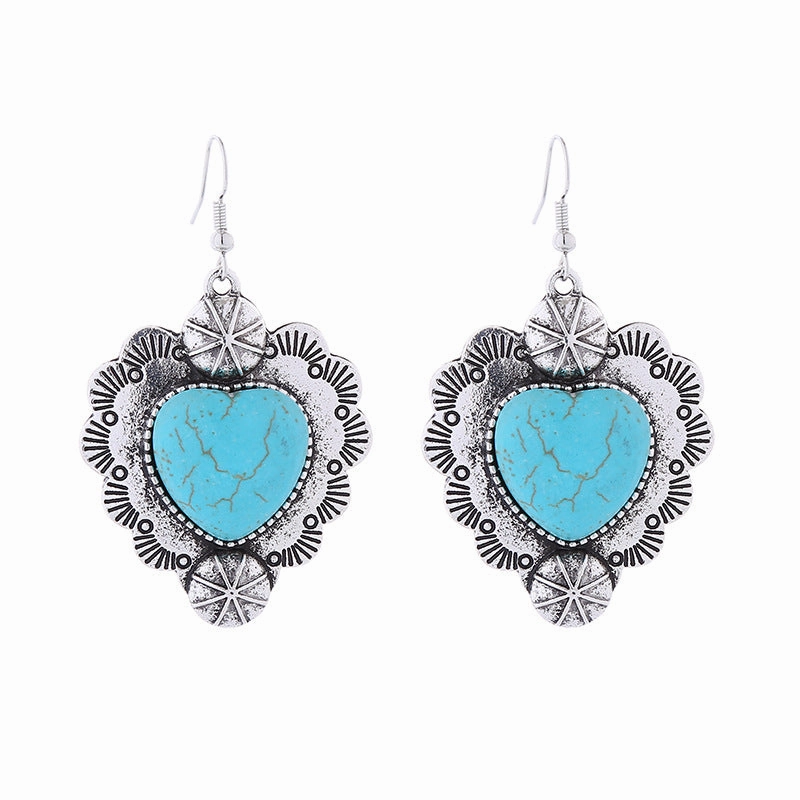 Wholesale Vintage Alloy Plated Antique Silver Inlaid Turquoise Love Earrings