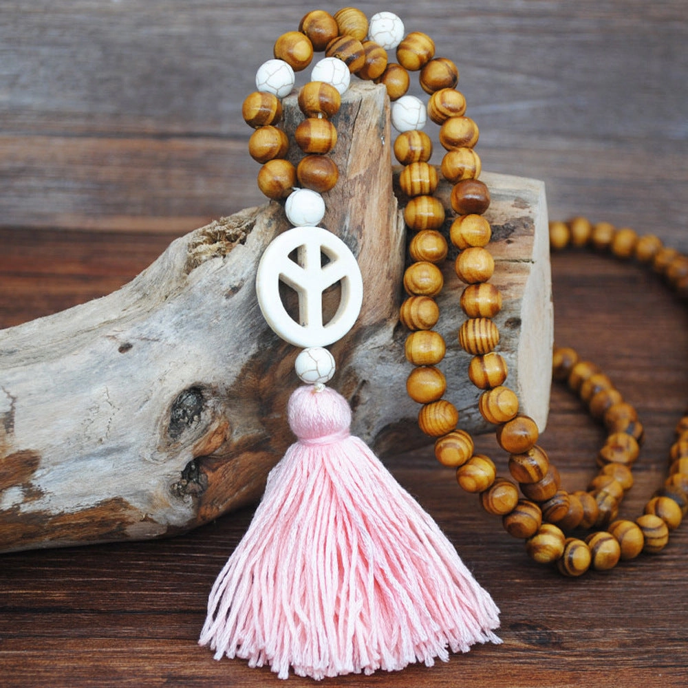 Wholesale Vintage Artistic Beach Bohemian Dress Accessories Wooden Beads Tassel Pentagonal Stars Butterfly Long Necklace