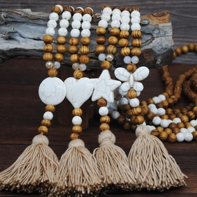 Wholesale Vintage Artistic Beach Bohemian Dress Accessories Wooden Beads Tassel Pentagonal Stars Butterfly Long Necklace