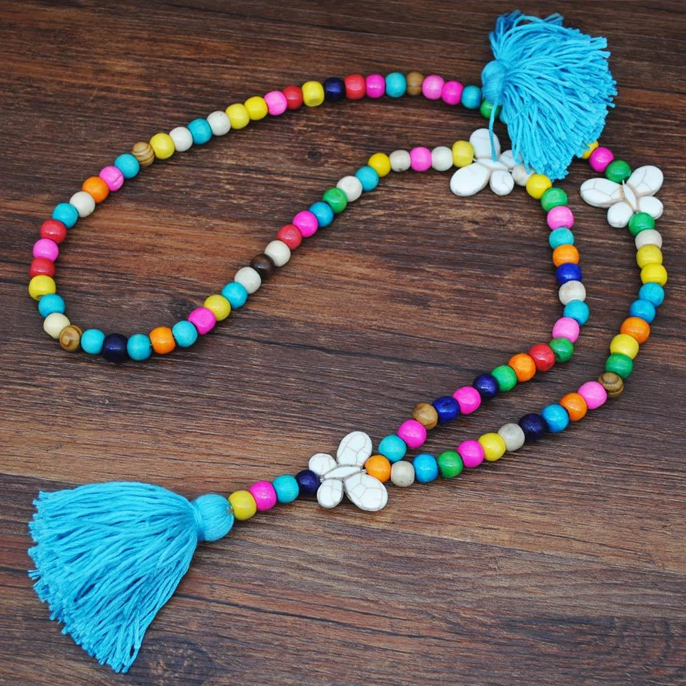 Wholesale Vintage Artistic Beach Bohemian Dress Accessories Wooden Beads Tassel Pentagonal Stars Butterfly Long Necklace