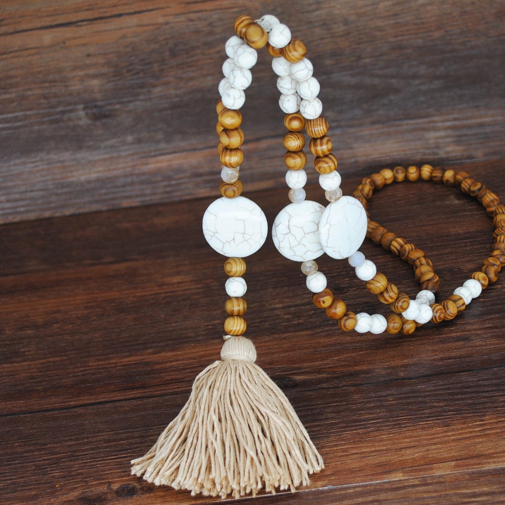 Wholesale Vintage Artistic Beach Bohemian Dress Accessories Wooden Beads Tassel Pentagonal Stars Butterfly Long Necklace