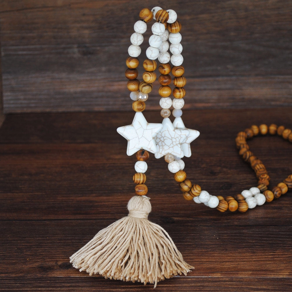 Wholesale Vintage Artistic Beach Bohemian Dress Accessories Wooden Beads Tassel Pentagonal Stars Butterfly Long Necklace