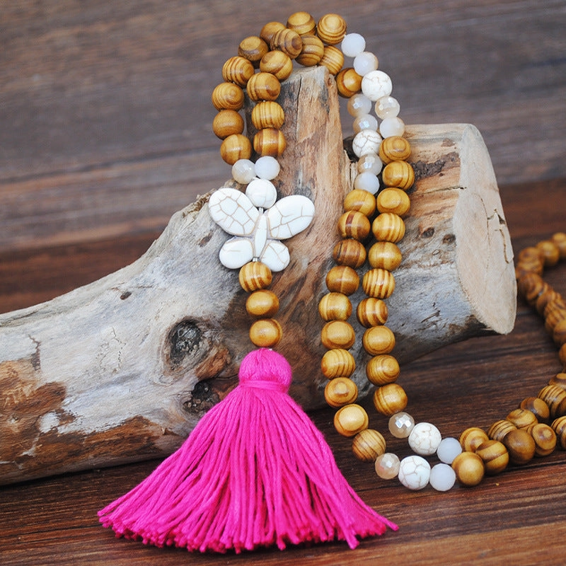 Wholesale Vintage Artistic Beach Bohemian Dress Accessories Wooden Beads Tassel Pentagonal Stars Butterfly Long Necklace