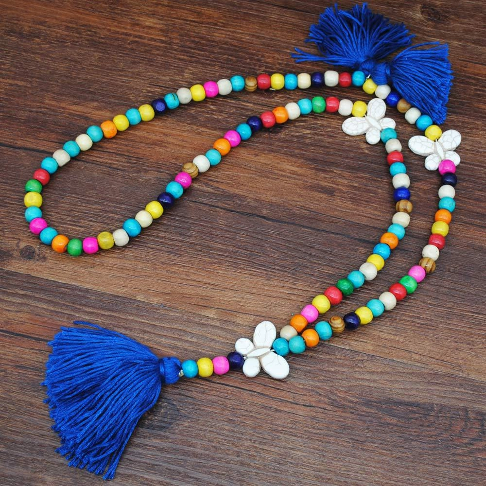 Wholesale Vintage Artistic Beach Bohemian Dress Accessories Wooden Beads Tassel Pentagonal Stars Butterfly Long Necklace
