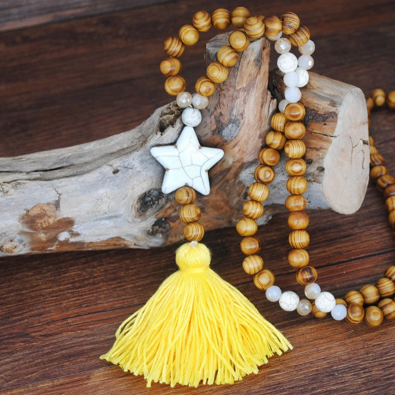 Wholesale Vintage Artistic Beach Bohemian Dress Accessories Wooden Beads Tassel Pentagonal Stars Butterfly Long Necklace