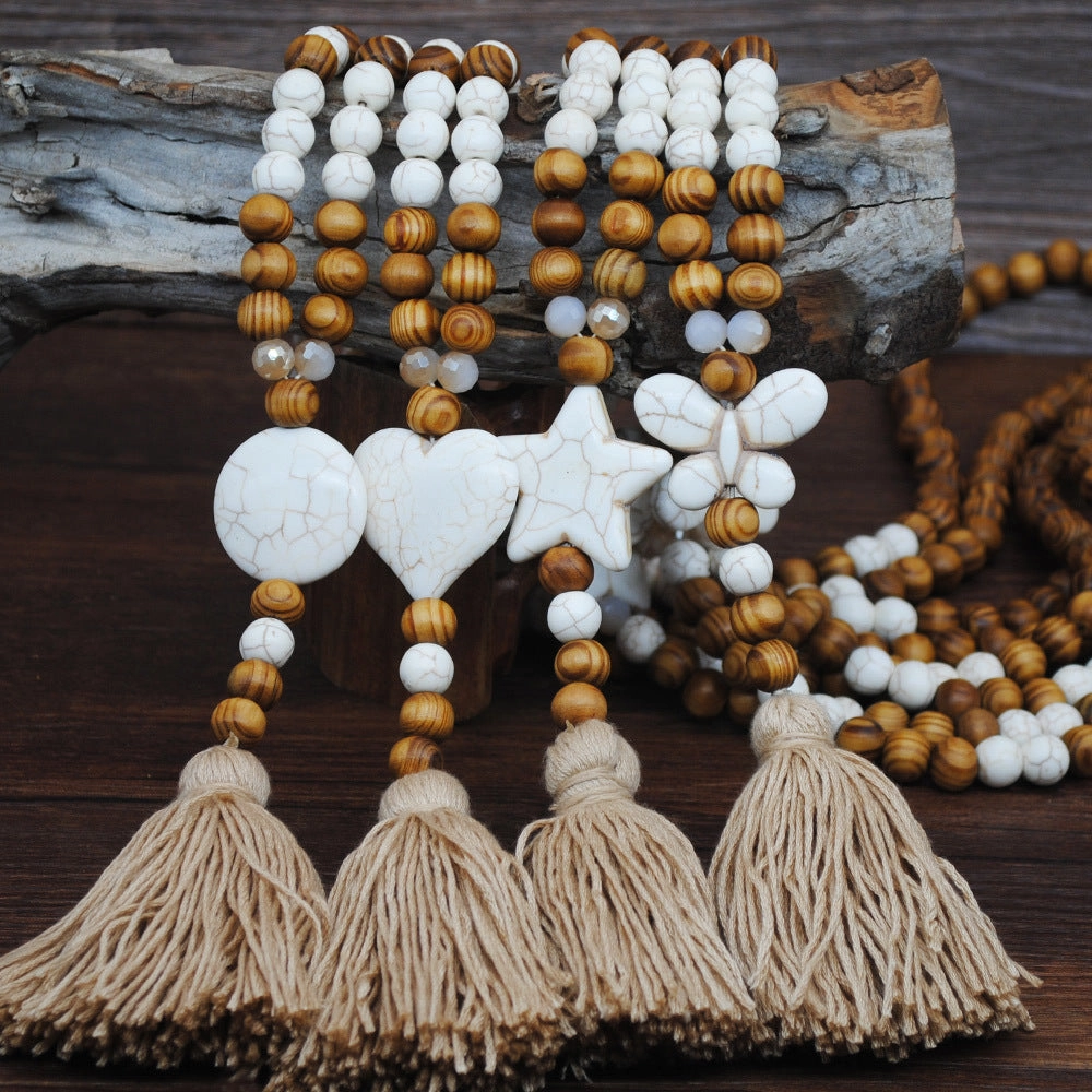 Wholesale Vintage Artistic Beach Bohemian Dress Accessories Wooden Beads Tassel Pentagonal Stars Butterfly Long Necklace