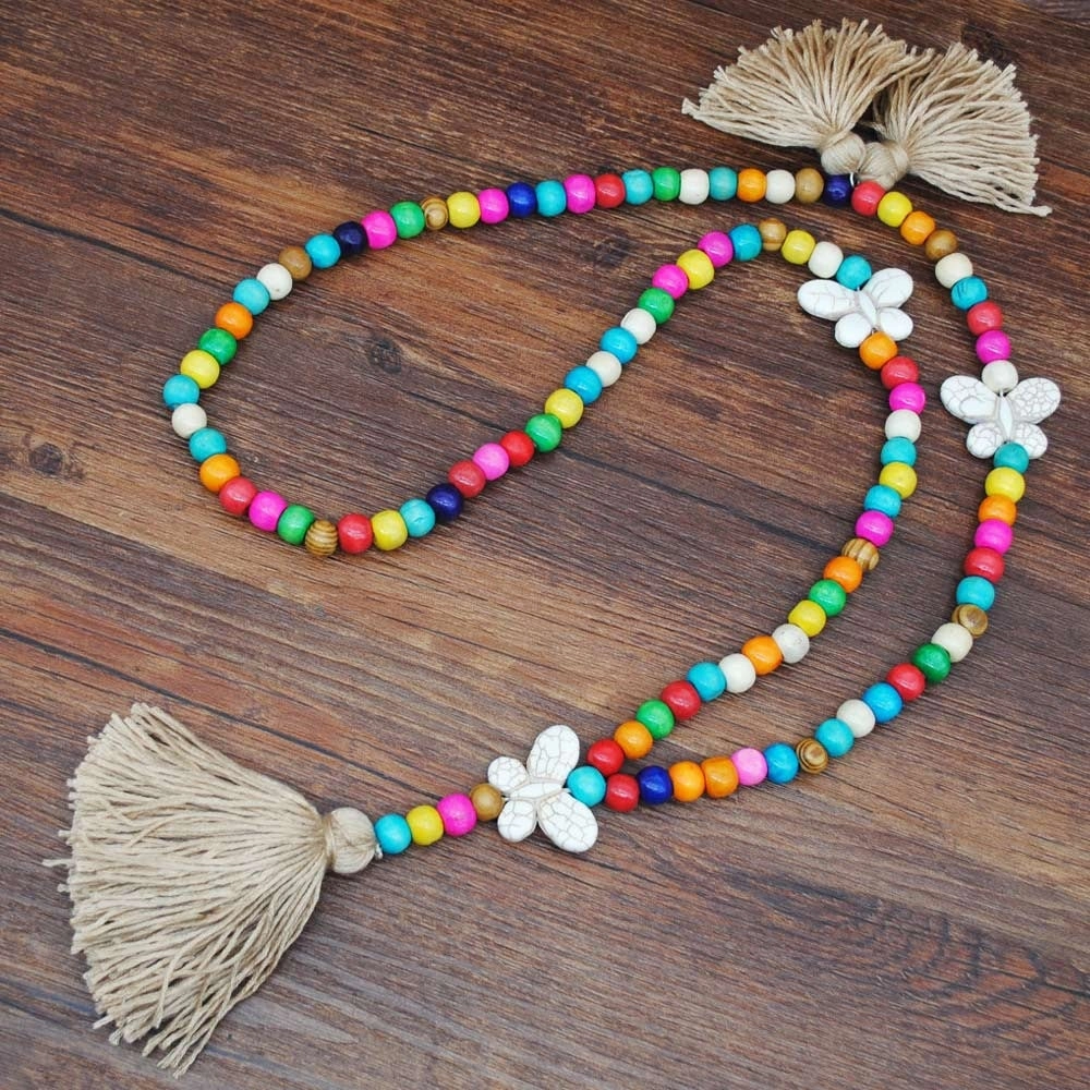 Wholesale Vintage Artistic Beach Bohemian Dress Accessories Wooden Beads Tassel Pentagonal Stars Butterfly Long Necklace