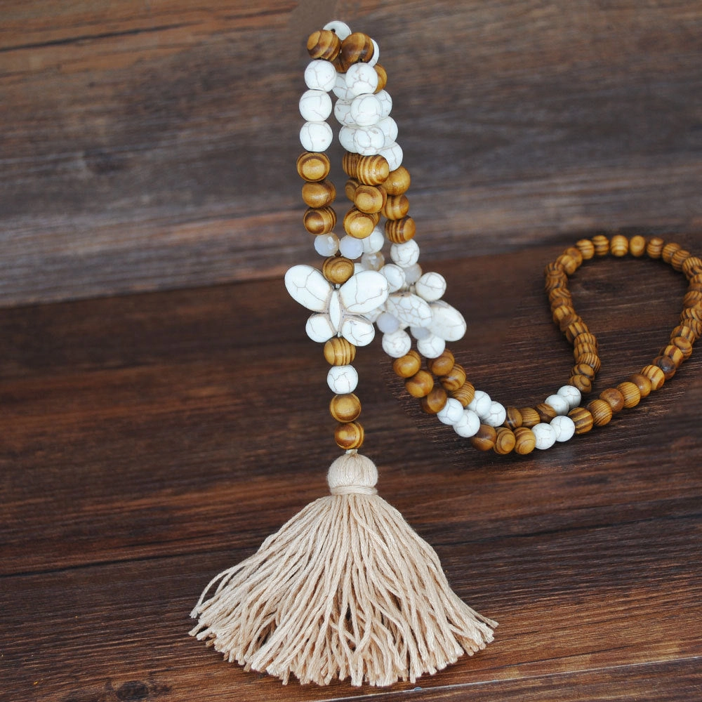 Wholesale Vintage Artistic Beach Bohemian Dress Accessories Wooden Beads Tassel Pentagonal Stars Butterfly Long Necklace