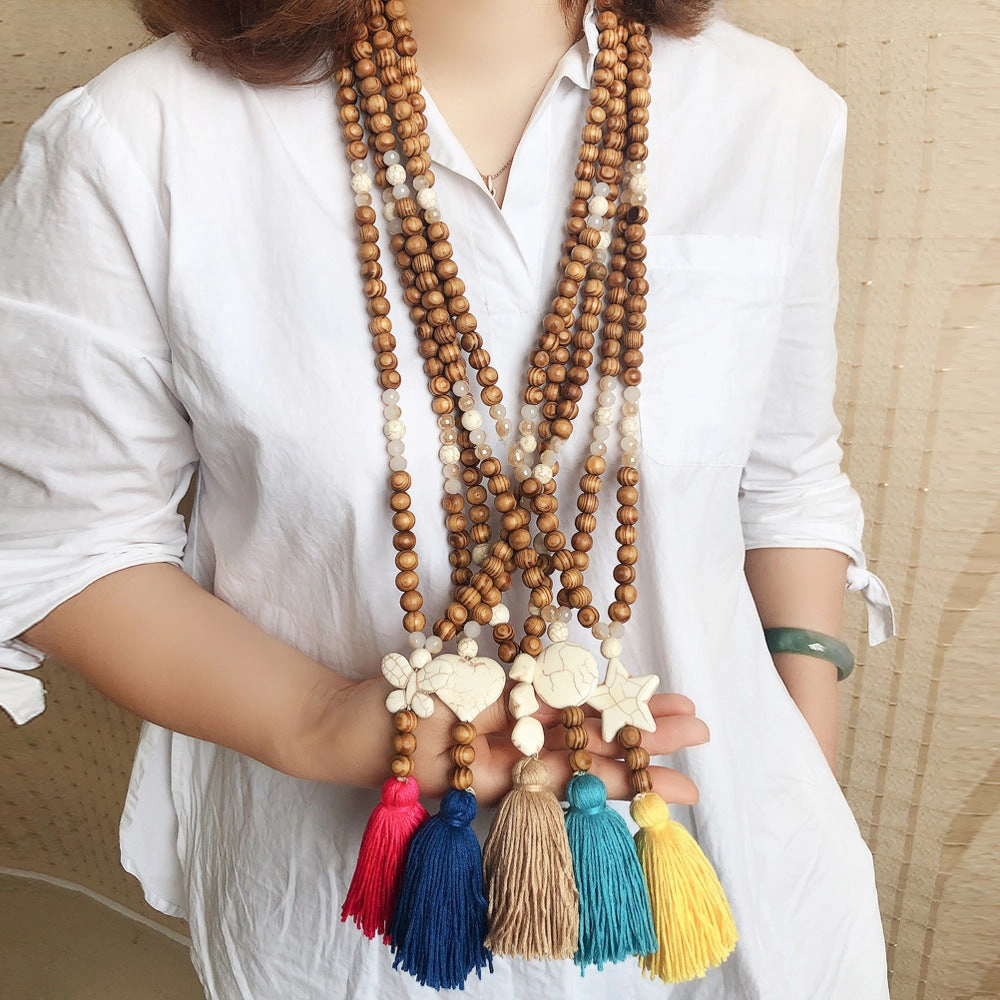 Wholesale Vintage Artistic Beach Bohemian Dress Accessories Wooden Beads Tassel Pentagonal Stars Butterfly Long Necklace