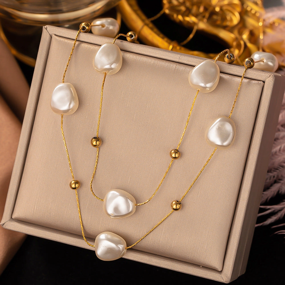 Wholesale Vintage Baroque Pearl Double Layer Clavicle Titanium Steel Necklace