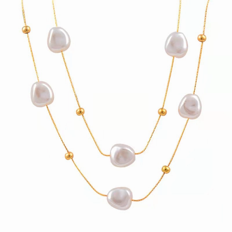 Wholesale Vintage Baroque Pearl Double Layer Clavicle Titanium Steel Necklace