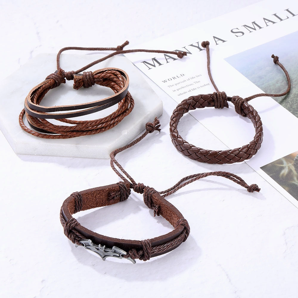 Wholesale Vintage Batman Braided Handmade Beads Multi-Layered Leather Bracelet