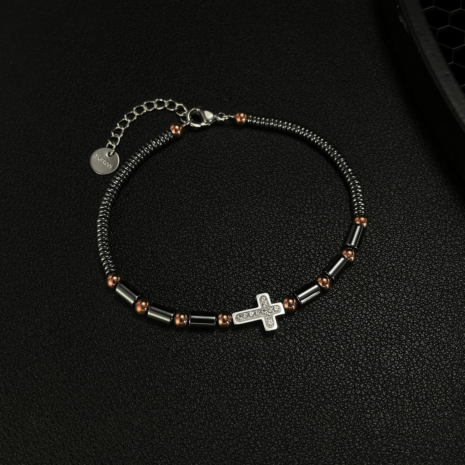 Wholesale Vintage Black Gallstone Stainless Steel Cross Bracelet for Men