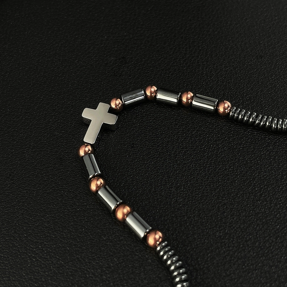 Wholesale Vintage Black Gallstone Stainless Steel Cross Bracelet for Men