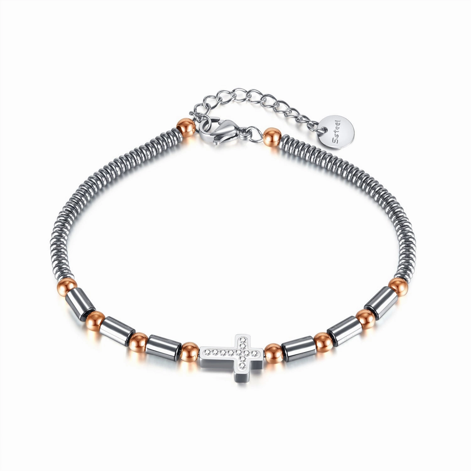 Wholesale Vintage Black Gallstone Stainless Steel Cross Bracelet for Men