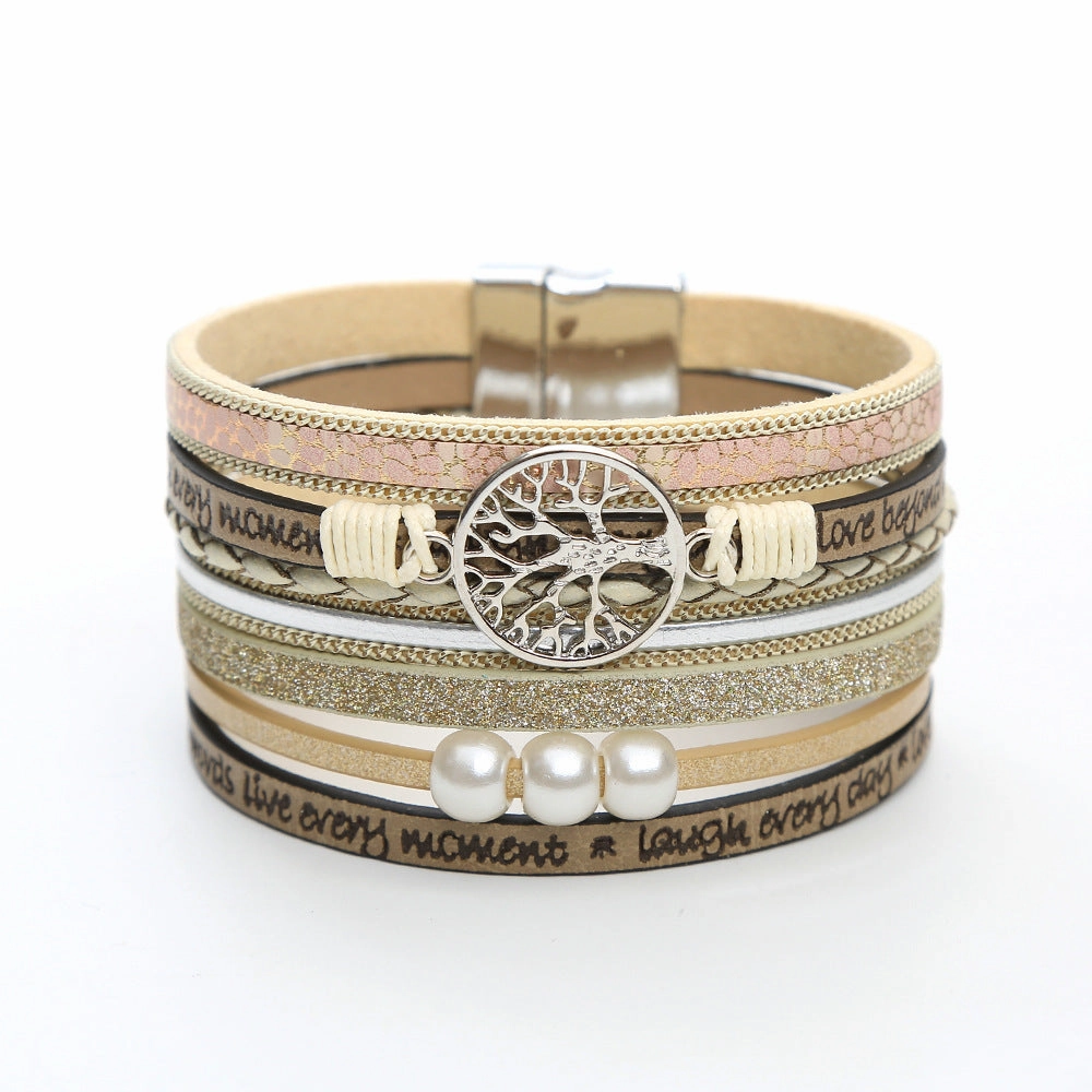 Wholesale Vintage Bohemian Crystal Feather Braided Leather Bracelet