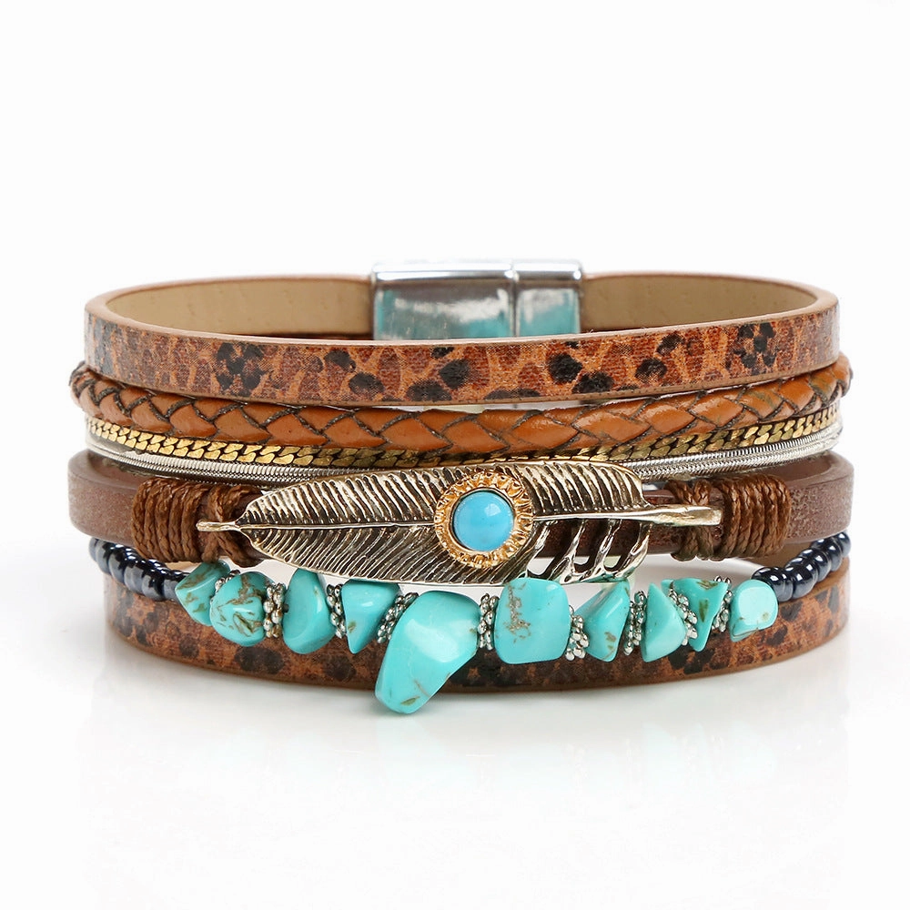 Wholesale Vintage Bohemian Crystal Feather Braided Leather Bracelet