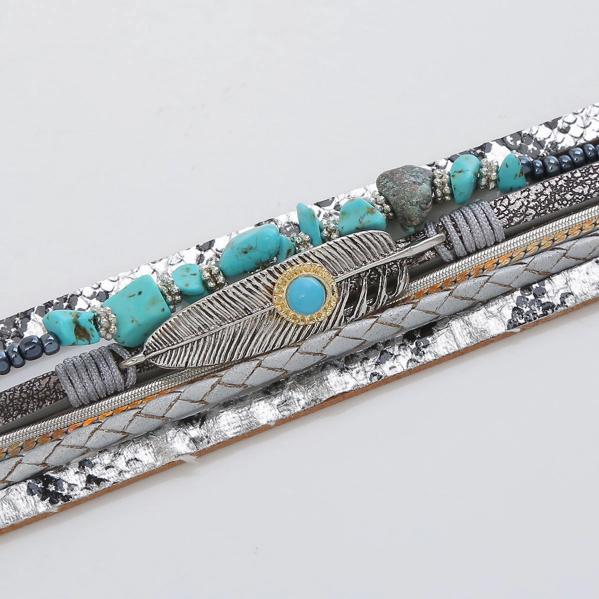 Wholesale Vintage Bohemian Crystal Feather Braided Leather Bracelet