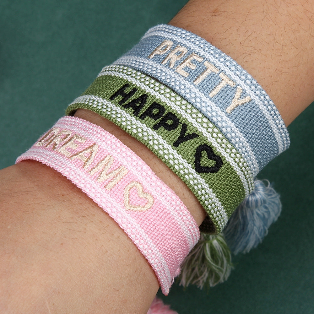 Wholesale Vintage Bohemian Embroidered Letter Woven Tassel Bracelet