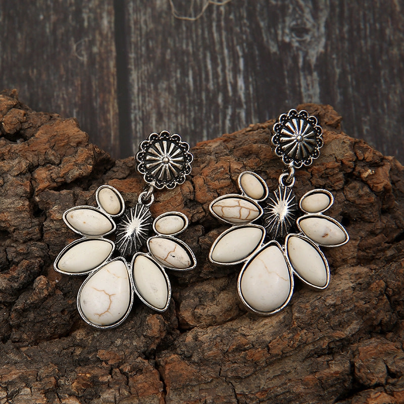 Wholesale Vintage Bohemian Flowers Turquoise Alloy Earrings