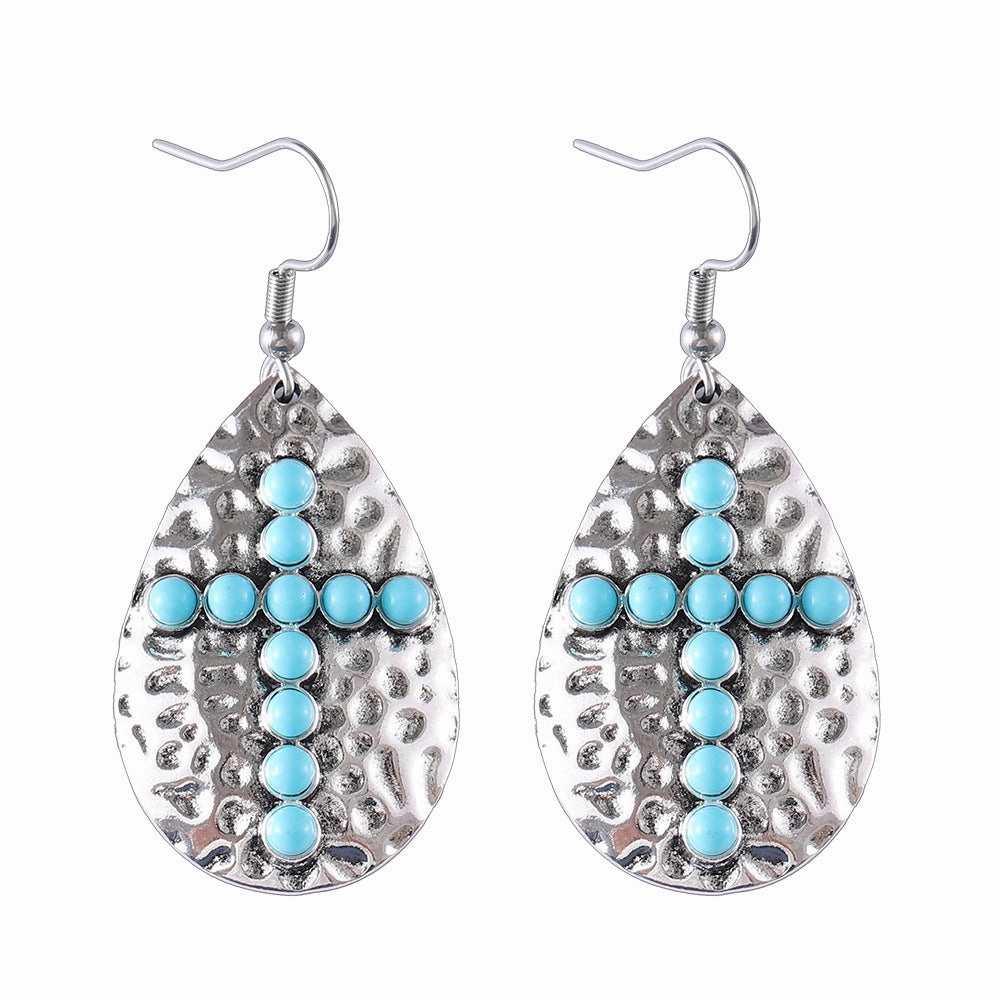 Wholesale Vintage Bohemian Geometric Drop-Shaped Turquoise Cross Pendant Earrings