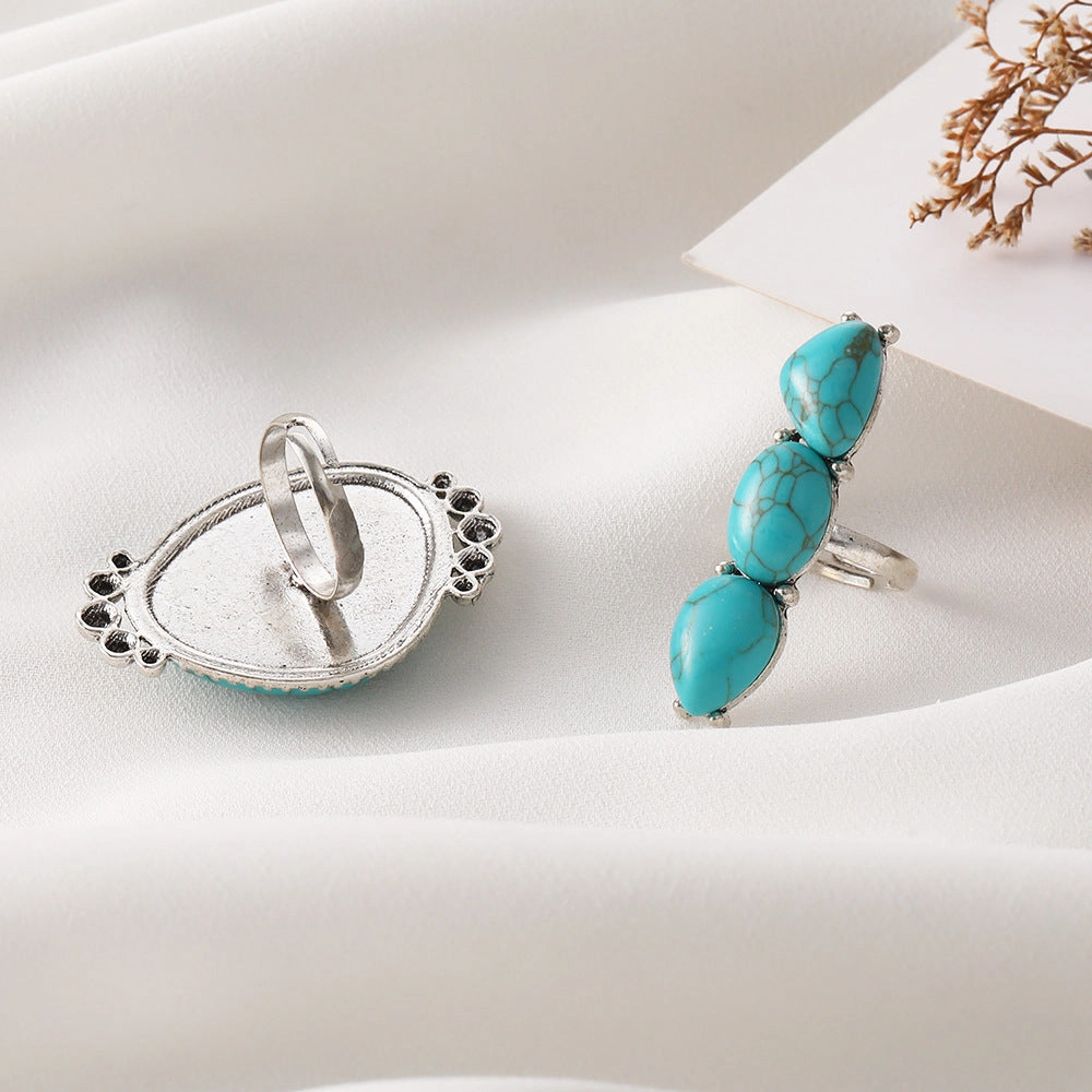 Wholesale Vintage Bohemian Large Turquoise 2-Piece Ring Set