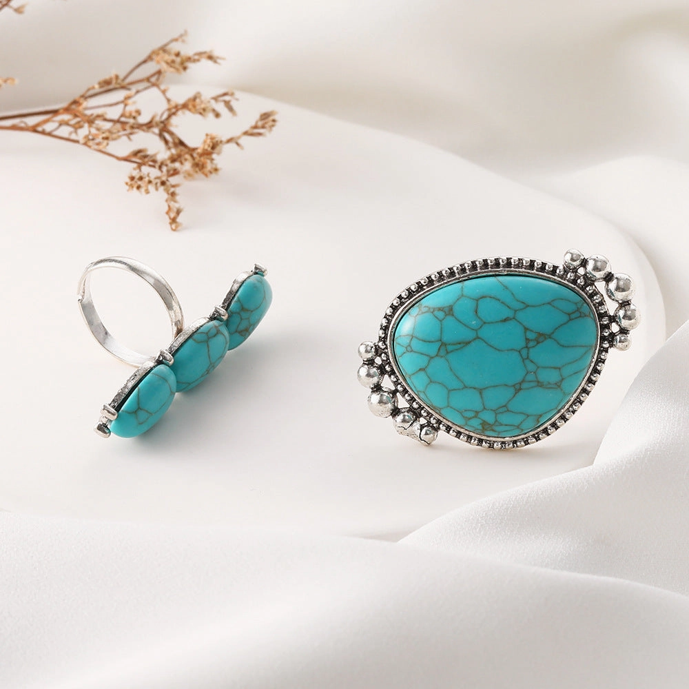 Wholesale Vintage Bohemian Large Turquoise 2-Piece Ring Set