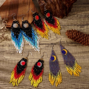 Wholesale Vintage Bohemian Thousand Color Glass Rice Bead Moon Tassel Earrings