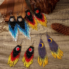 Wholesale Vintage Bohemian Thousand Color Glass Rice Bead Moon Tassel Earrings
