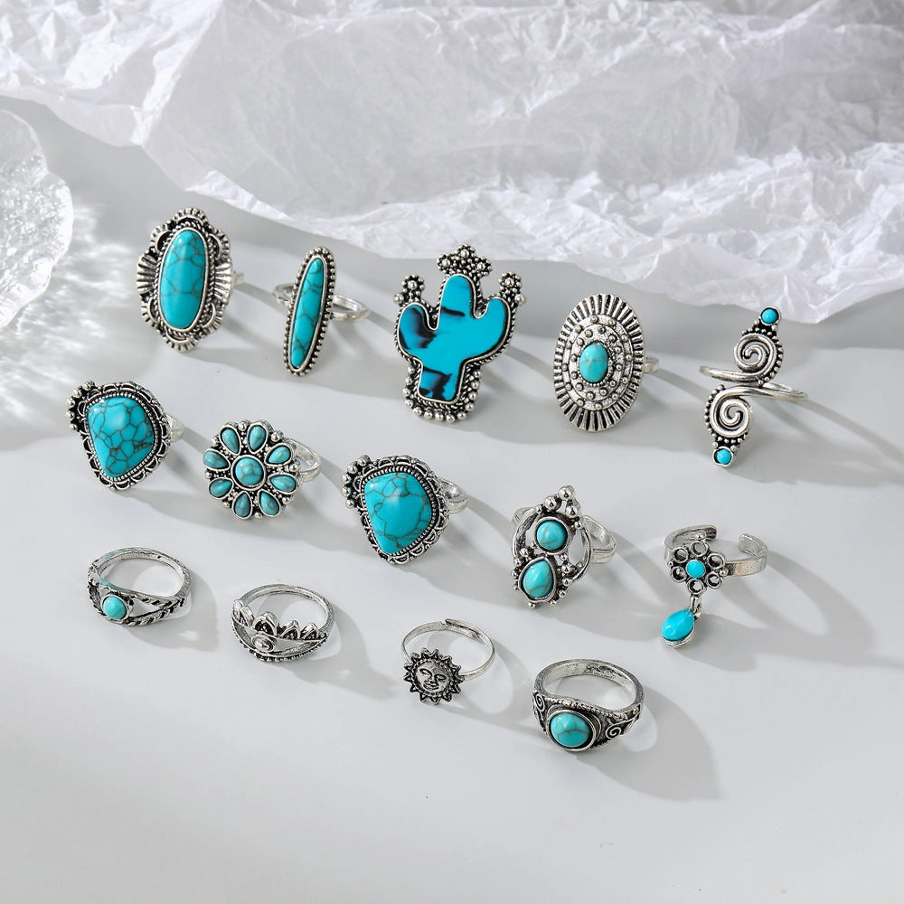 Wholesale Vintage Bohemian Turquoise Cactus Carved 14-Piece Ring Set
