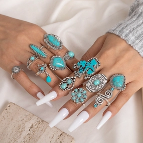 Wholesale Vintage Bohemian Turquoise Cactus Carved 14-Piece Ring Set