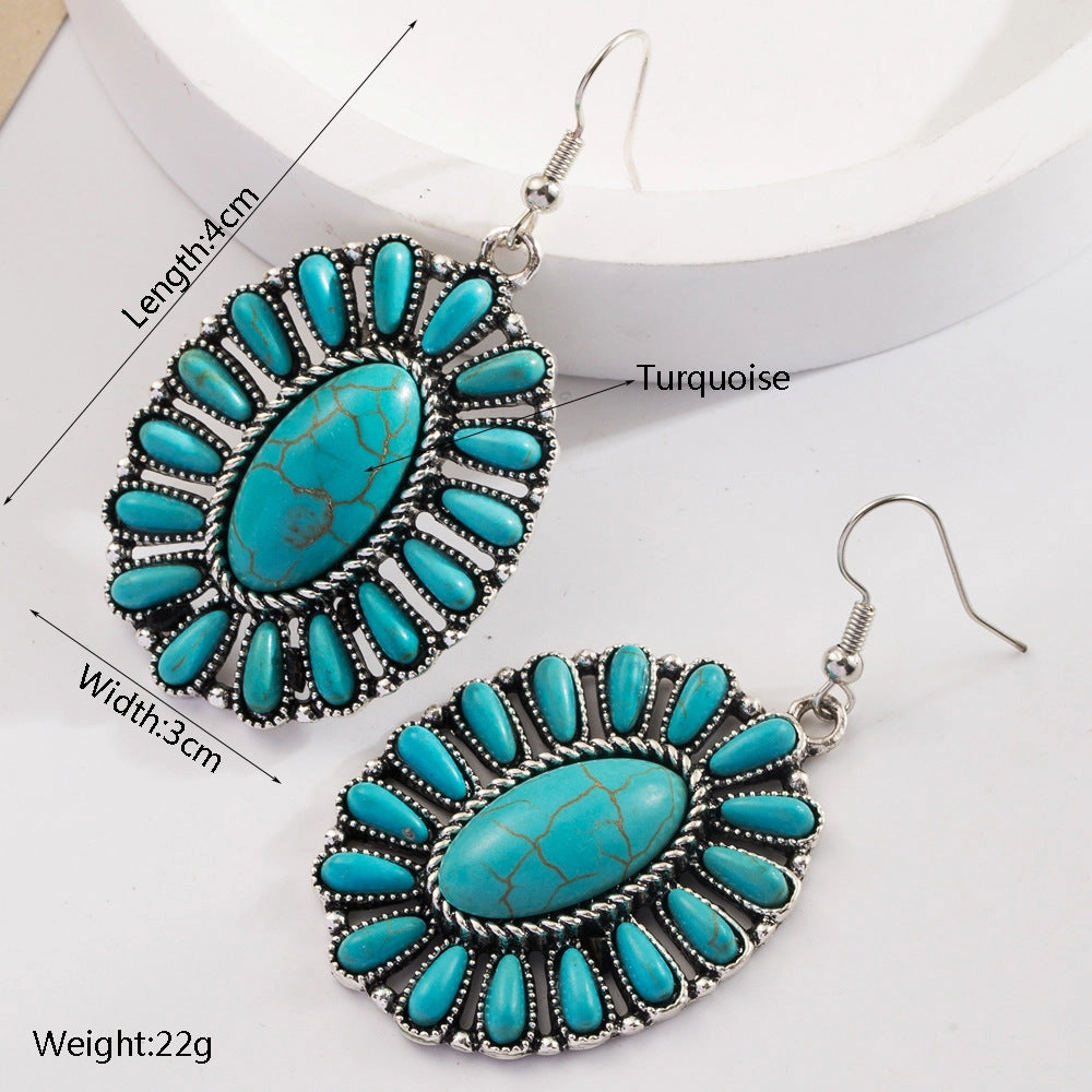Wholesale Vintage Bohemian Turquoise Geometric Exaggerated Leather Earrings