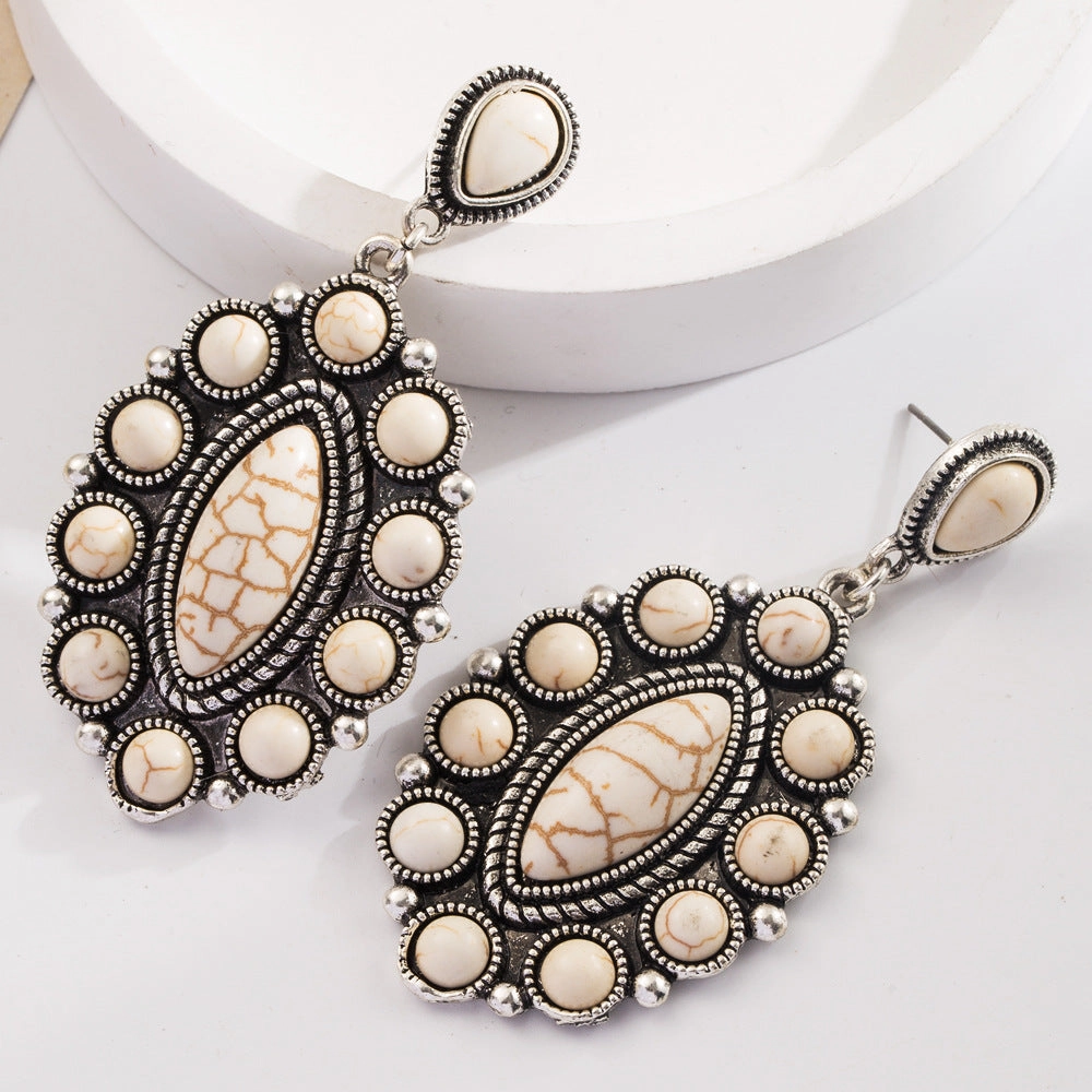 Wholesale Vintage Bohemian Turquoise Geometric Exaggerated Leather Earrings