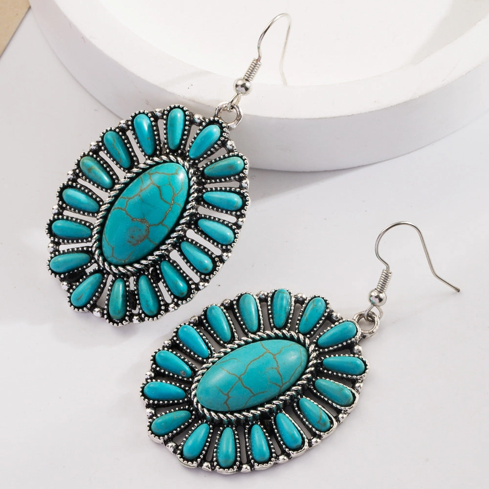 Wholesale Vintage Bohemian Turquoise Leather Exaggerated Earrings