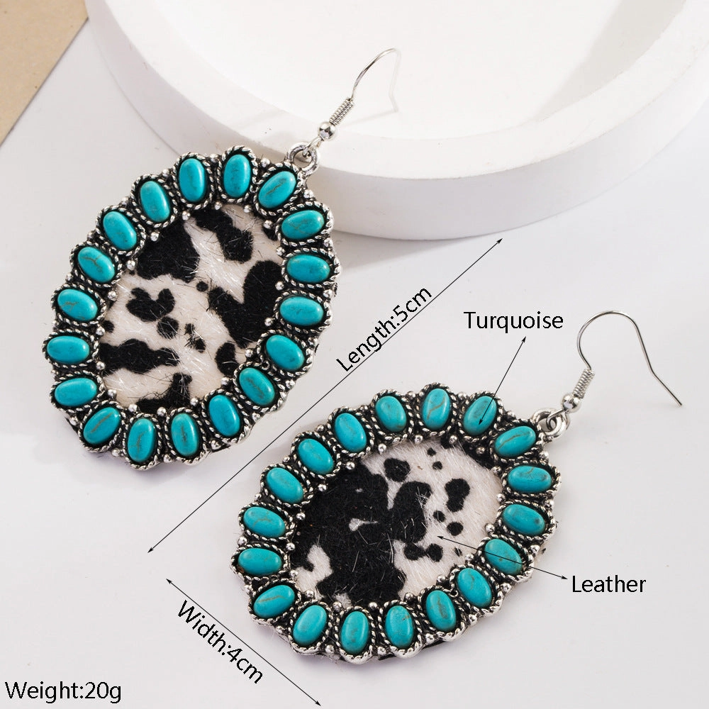 Wholesale Vintage Bohemian Turquoise Leather Exaggerated Earrings