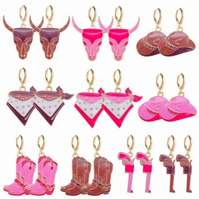 Wholesale Vintage Bull Head Pink Hat Cowboy Boots Earrings