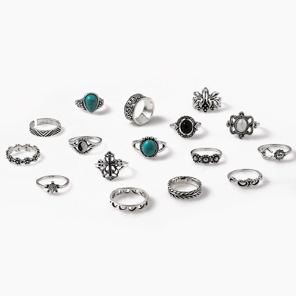 Wholesale Vintage carved black gemstone ring personalized turtle flower combination 16-piece set