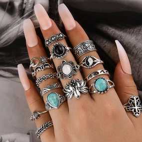 Wholesale Vintage carved black gemstone ring personalized turtle flower combination 16-piece set