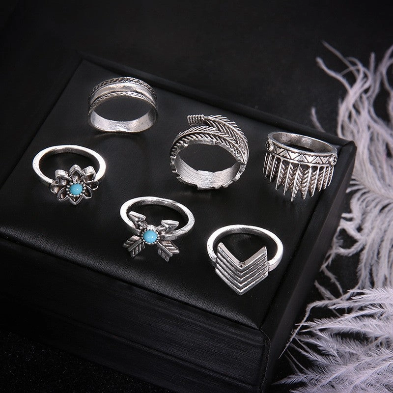 Wholesale Vintage carved turquoise Bohemian style 6-piece bracelet ring