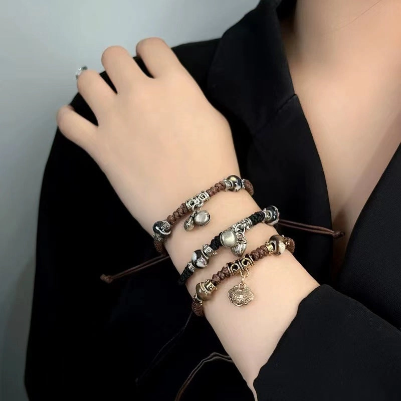 Wholesale Vintage Ceramic Bells Safety Lock Handwoven Rope Bracelets