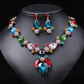 Wholesale Vintage Colorful Alloy Long Necklace Earrings Set
