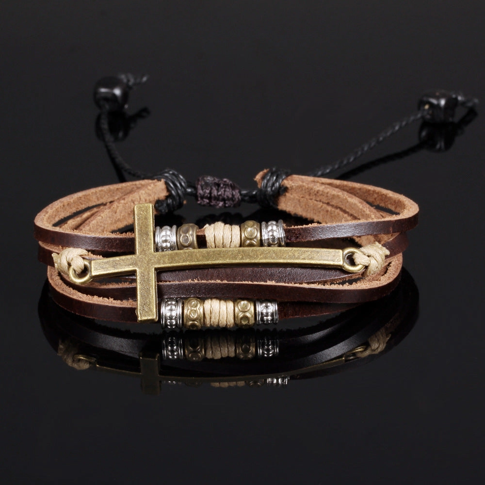 Wholesale Vintage Cross Men's Beaded Leather Bracelet