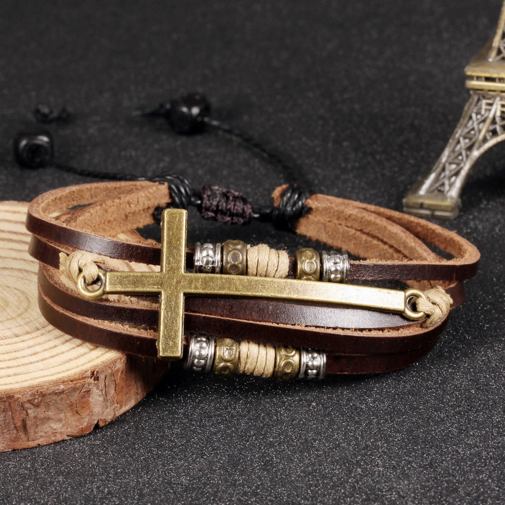 Wholesale Vintage Cross Men's Beaded Leather Bracelet