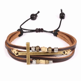 Wholesale Vintage Cross Men's Beaded Leather Bracelet