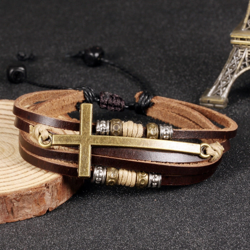 Wholesale Vintage Cross Men's Beaded Leather Bracelet